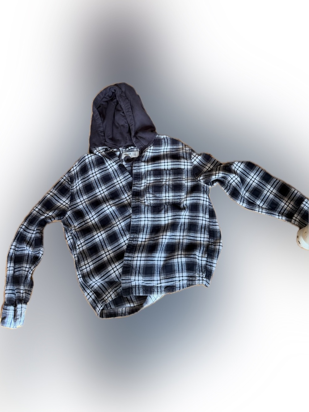 Hollister Black & White Plaid Hooded Button-Down Hoodie Shirt Small